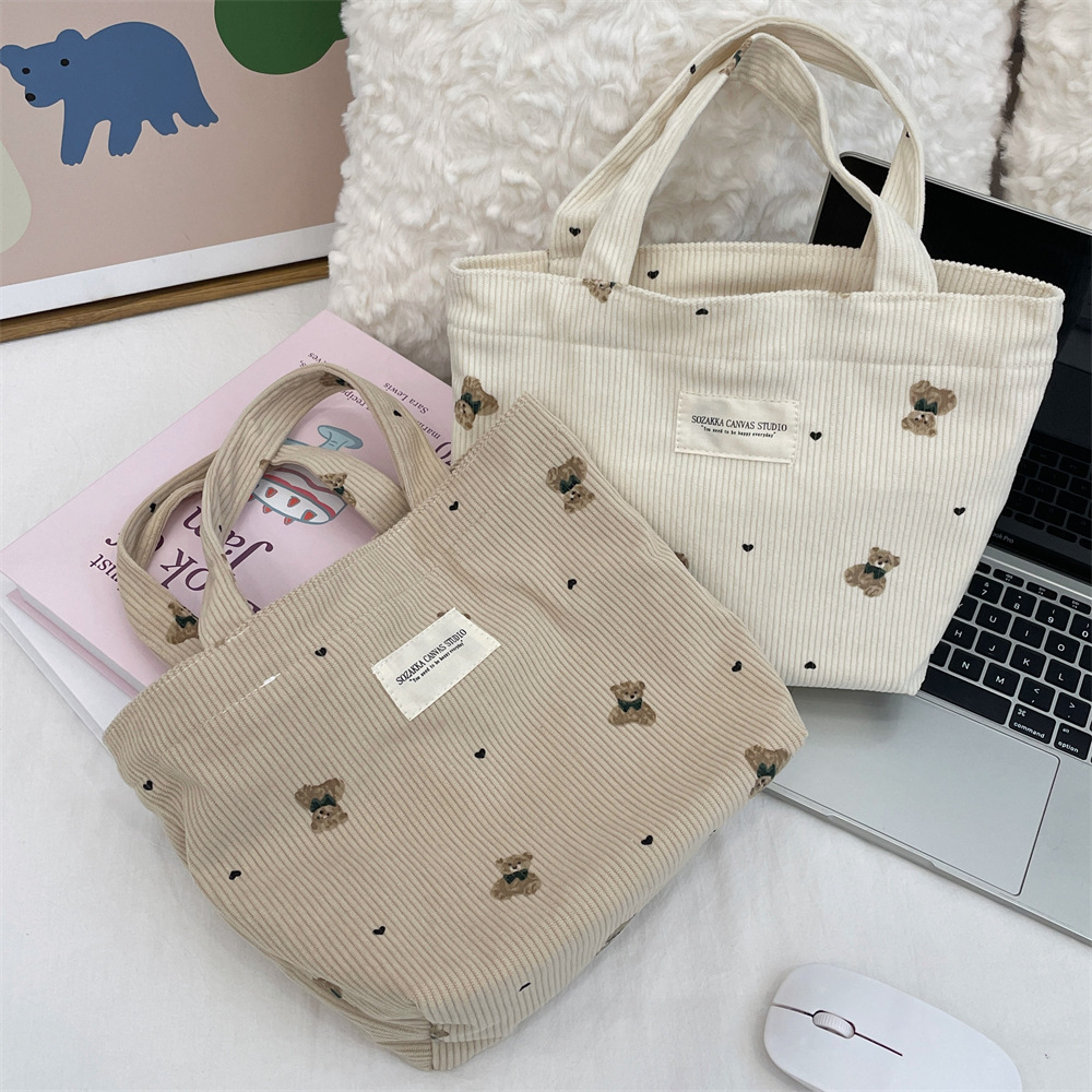 Tote Bag Bags Type Women's Corduroy Little Bear Cute Square Open Tote Bag
