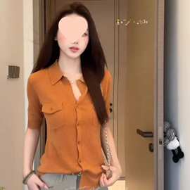 终于等到蚂蚁腰亚麻莱塞尔抗起球中袖针织上衣女亚麻橘亚麻杏藏青
