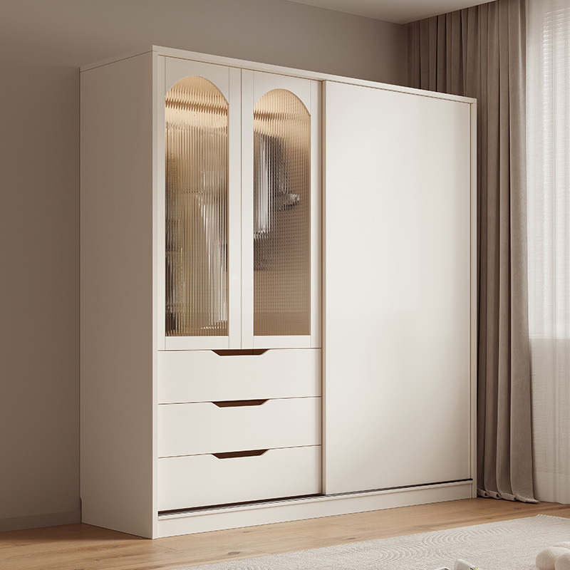 Cream Style Sliding Door Wardrobe Home Bedroom Modern Simple French Glass Small Apartment Integrated Wardrobe with Desk