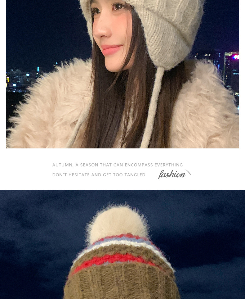New Retro Fair Isle Style Warm Thickened Fleece-Lined Winter Knitted Hat, Cold-Proof Ear Protection, Tie-Up Wool Hat_voghion.com