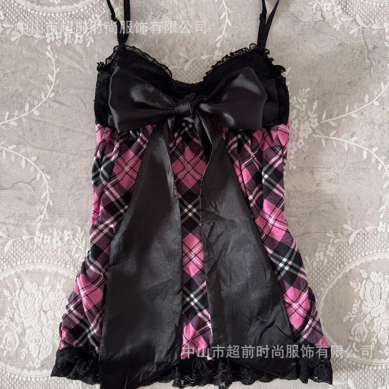 Pink and Black Plaid Lace-Trimmed Camisole with Bow Embellishments, Sweet Japanese-Style Girly Top Pink and Black Plaid Lace-Trimmed Camisole with Bow Embellishments, Sweet Japanese-Style Girly Top