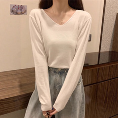 v领针织长袖白色t恤女2025年春秋季新款修身外穿打底衫女内搭上衣