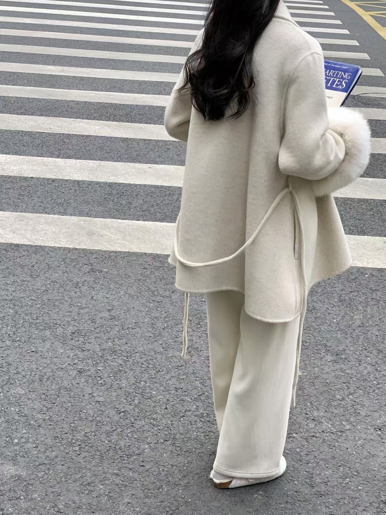 Widened Fox Fur Sleeve New Double-sided Cashmere Coat Mid-length Bathrobe Shoulder Slimming Lace-up Wool Coat for Women