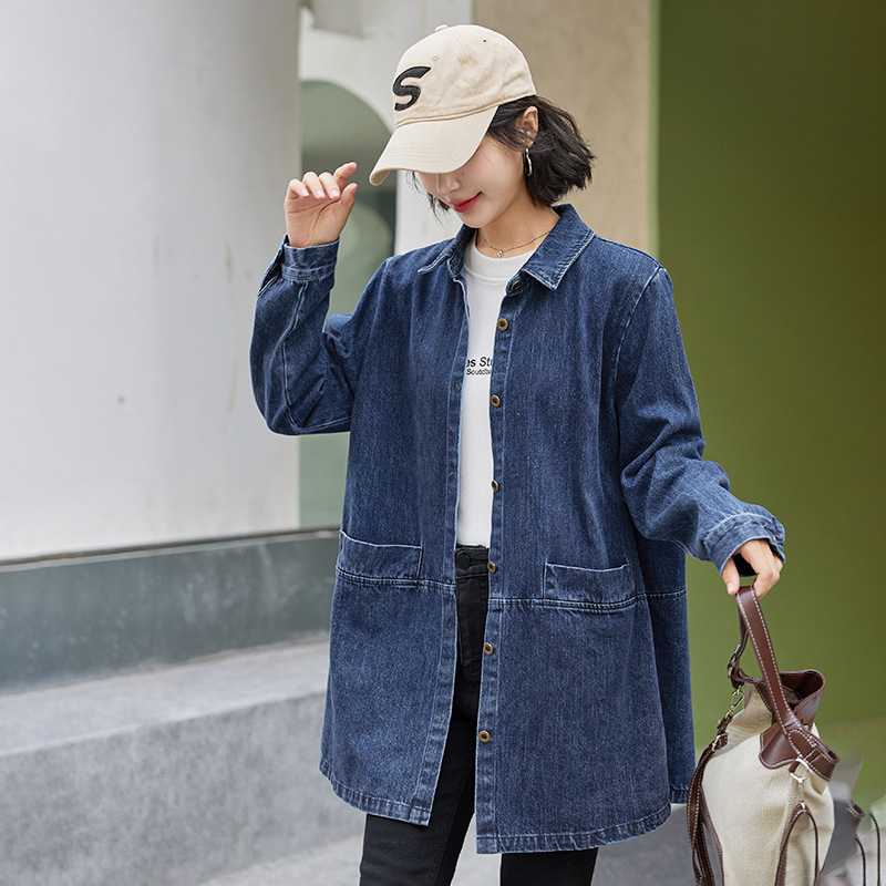 Casual Windbreaker Spring and Autumn Mid-length Loose plus size Women's Clothing Middle-aged Mom Autumn Clothing chubby girl Denim Shirt Coat Women