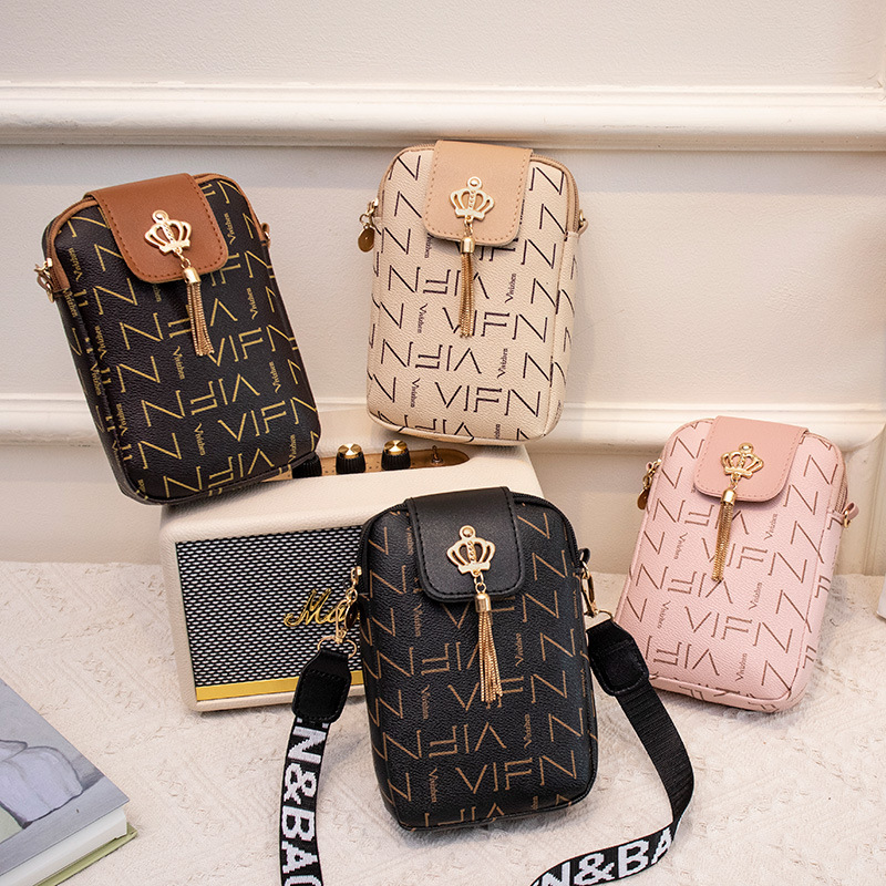 Women's Bag 2023 New Crown Tassel Vertical Print Phone Bag Chanel Style Casual Color Ribbon Crossbody Coin Purse