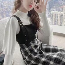 背带裙秋冬款法式女格子裙高领上衣两件套女减龄宽松格子套装裙