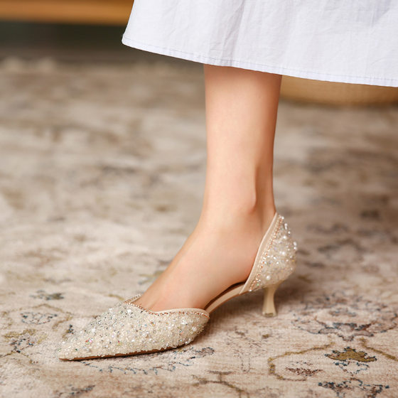 3128-6 2024 Spring New Crystal Diamond High-heeled Shoes Women's Pointed Short Heel Medium Heel Shoes Hollow Shallow Mouth
