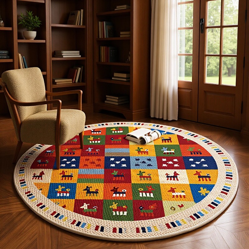 美式复古圆形地毯卧室书房转椅摇椅椅子垫床边毯童趣家居家用