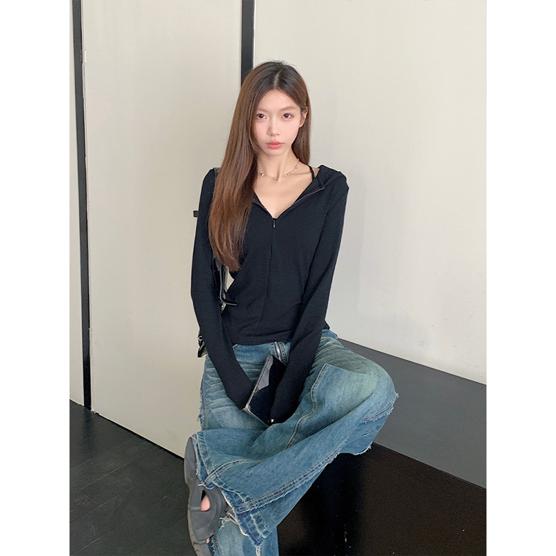 魔西女王简约灰色连帽长袖外套女秋冬别致修身显瘦拉链打底衫上衣|undefined
