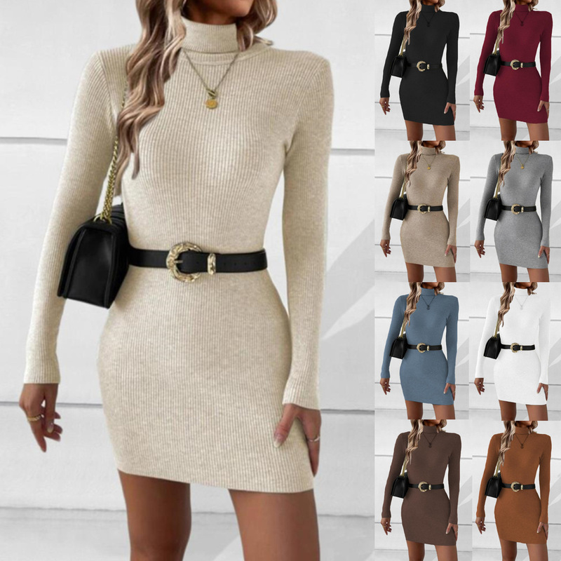 2024 European and American Export Women's Autumn and Winter New Sexy Slim Fit Hip-Covering High-Neck Long-Sleeved Knitted Sweater Dress 2024 European and American Export Women's Autumn and Winter New Sexy Slim Fit Hip-Covering High-Neck Long-Sleeved Knitted Sweater Dress