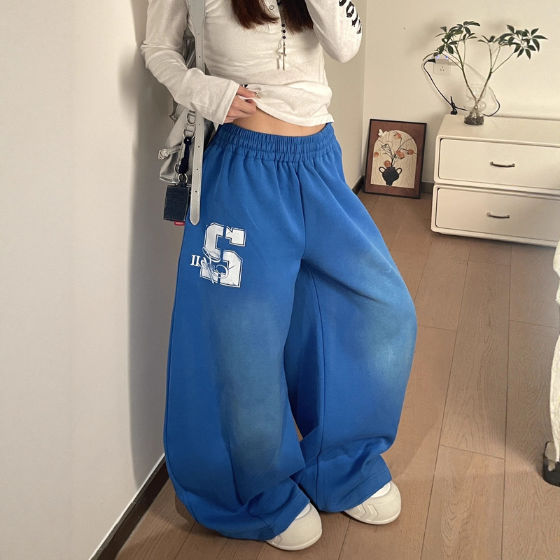 蓝色渐变阔腿抽绳卫裤女春秋季新款多巴胺垂感拖地休闲运动长裤女|undefined