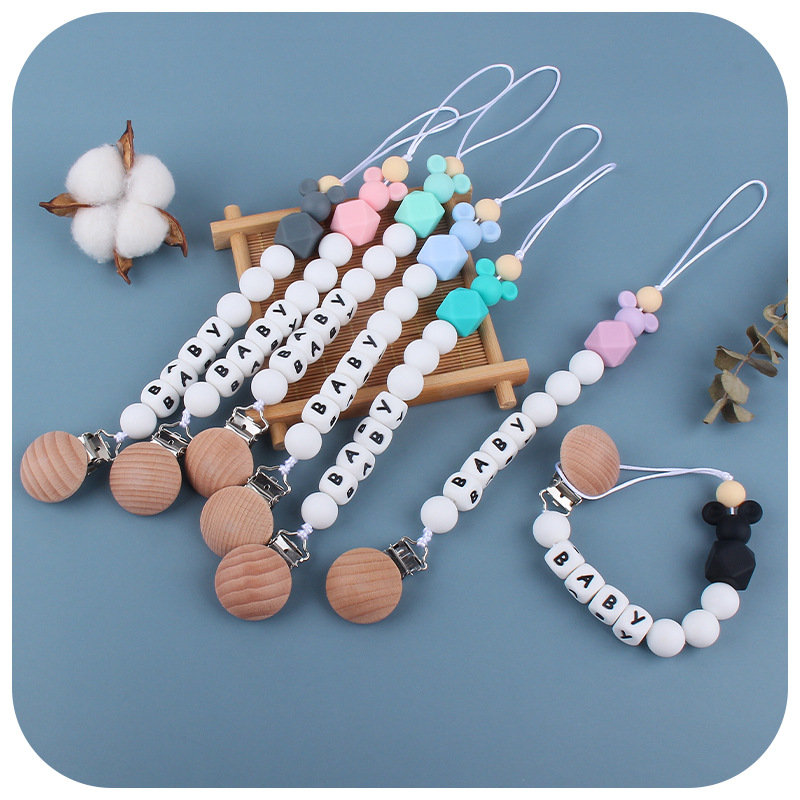 Amazon infantil Mickey chupete de silicona cadena bebé cambiable nombre molar calmante cadena anti-caída