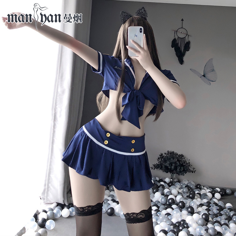 Manyan sexy lingerie bold backless lace-up top sexy policewoman pleated short skirt uniform suit 2078 Manyan sexy lingerie bold backless lace-up top sexy policewoman pleated short skirt uniform suit 2078