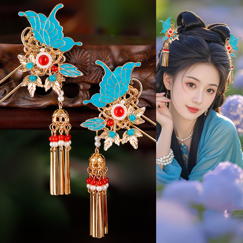 初韵 古风汉服仿烧蓝发簪宋明制蝴蝶流苏步摇古装发饰唐风配饰