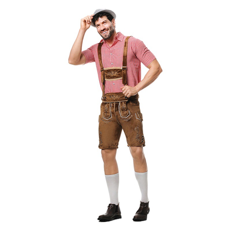 European and American New Men's German Oktoberfest Clothing Plaid Shirt Suspenders Denim Hat suit Men's Clothing