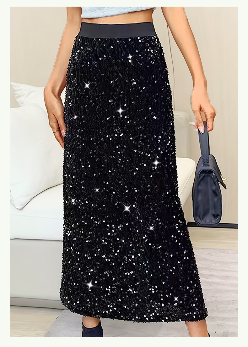 Gonna dritta comoda casual aderente midi in maglia con paillettes elegante GraceChic_voghion.com