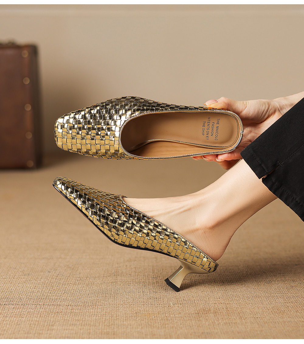 Sandal nữ mũi nhọn dệt vàng, gót 5 cm, phong cách thời trang — màu vàng chi tiết 9