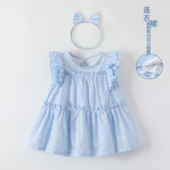 女童連衣裙2024夏款藍色飛飛袖韓版氣質百褶薄款可愛公主連衣裙批