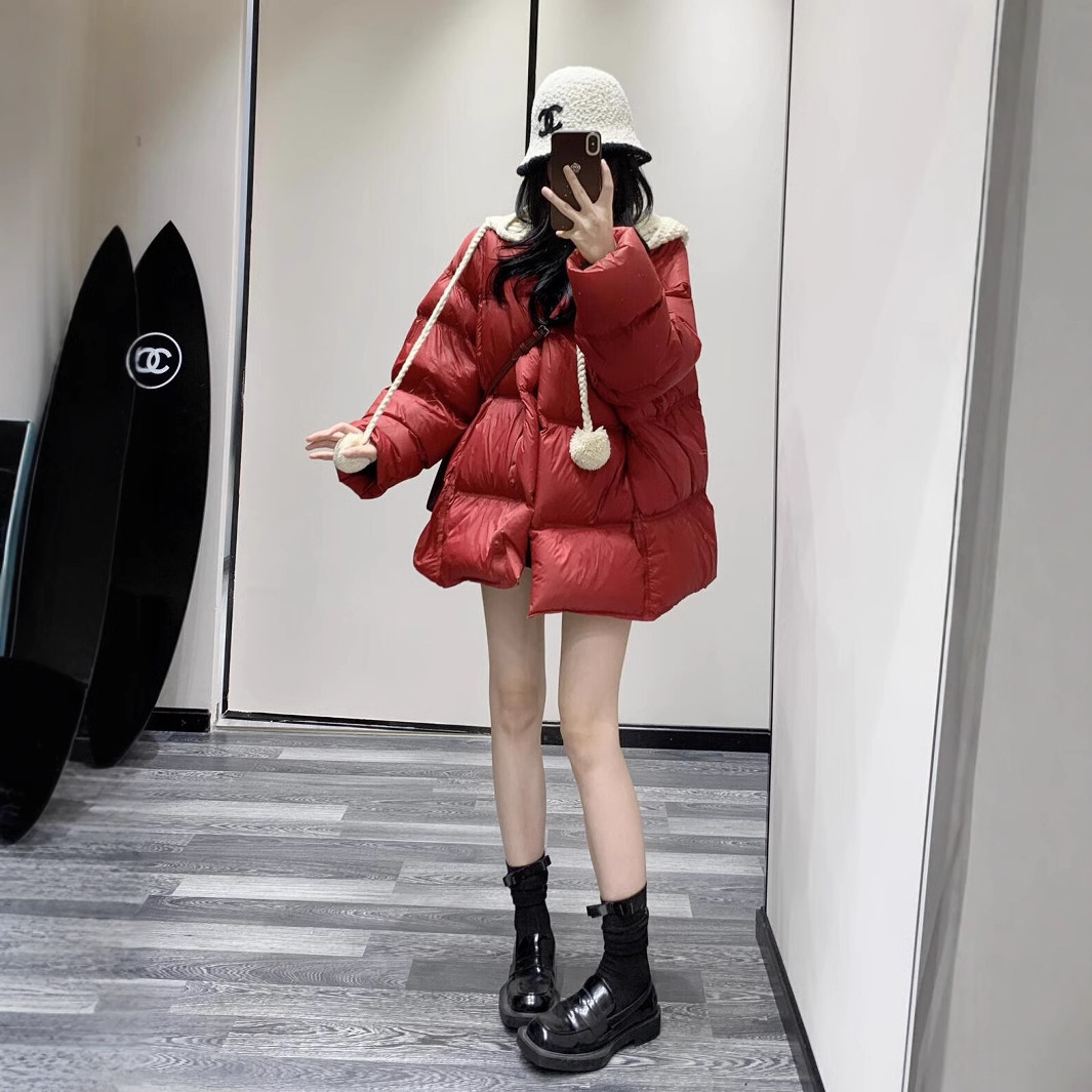 韩版2024冬季新款时尚圣诞红针织连帽甜美加厚百搭面包羽绒服外套