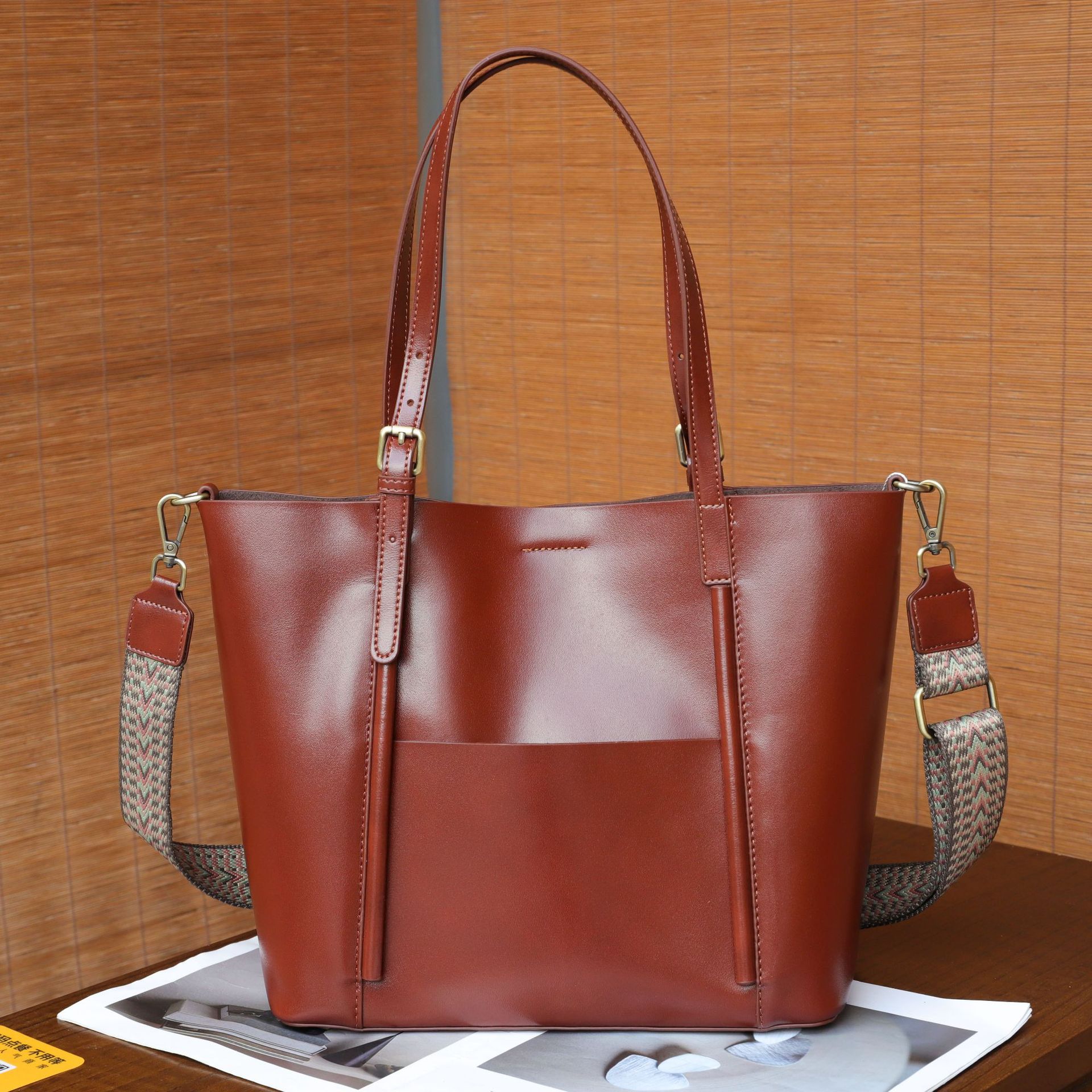 欧美秋冬款油蜡牛皮单肩子母包女士时尚简约购物袋实用真皮大包包