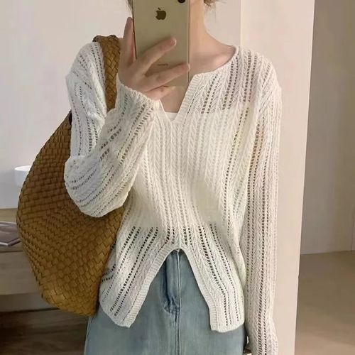 Women's Spring Fashion Design-Sensitive Unconventional Open-Needle Knit Sweater, Versatile V-Neck Lattice Thin Sunshade Cover-Up Top, Unique Style