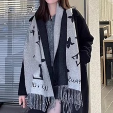 L家大牌经典黑色羊绒围巾百搭秋冬直播围脖双面围巾流苏保暖披肩