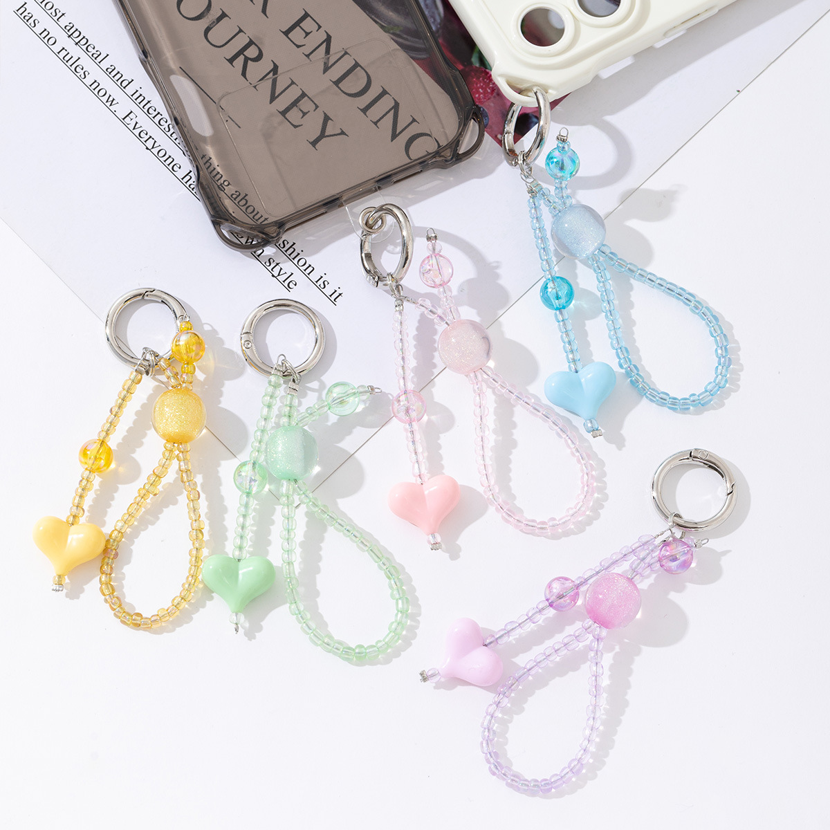 Korean Fashion Versatile Beaded Heart Pendant Summer Fresh Phone Bag Lanyard Pendant Keychain