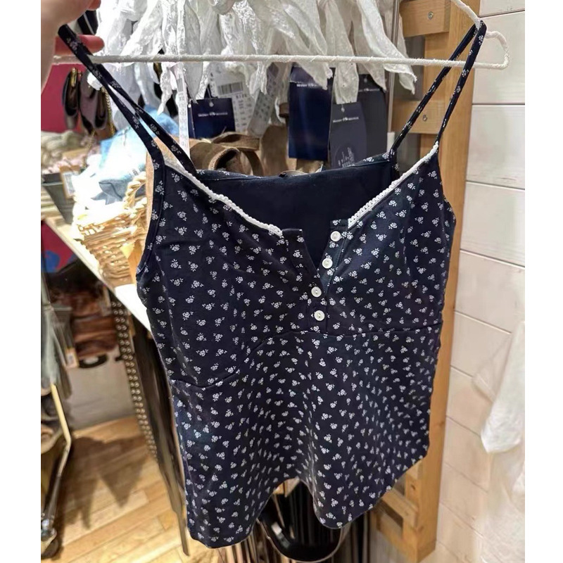 Bm Style New Navy Blue Rose Floral Button Lace V-Neck Suspender Female Sexy Vest Shorts Suit Female Trendy