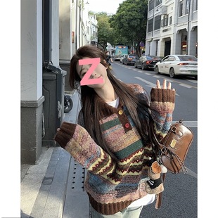 Fair Isle Colorful Button Turtleneck Wool Knitwear 2024 New Long-Sleeved Age-Reducing Women's Top Pullover