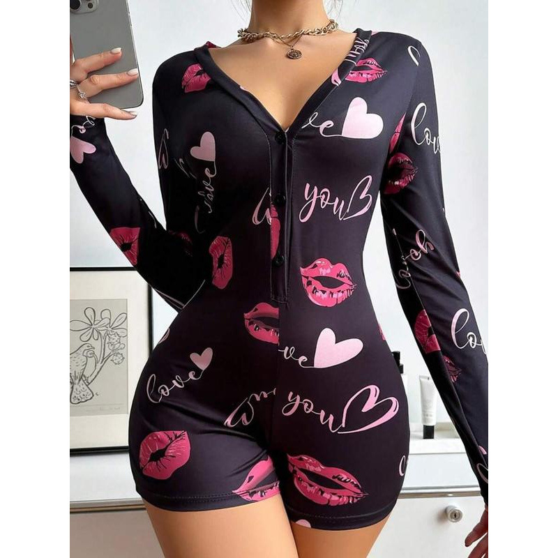 El comercio exterior transfronterizo Onesies letras de la mujer labios impresión botones abiertos pijamas unidos