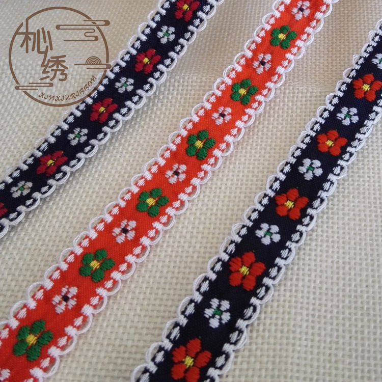 现货批发服饰鞋帽镶边田园风微立体刺绣棉质耳朵边民族风提花织带