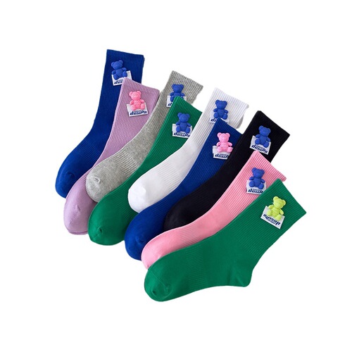 Spring and Autumn Japanese style men's and women's same style with cloth label bear outer wear couple's sports trendy socks macaron color mid-calf cotton socks