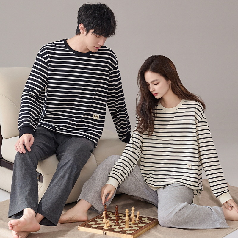 Pijamas de pareja de algodón primavera y otoño pantalones de mangas largas para hombres estriados ropa casera casual para mujeres primavera y otoño