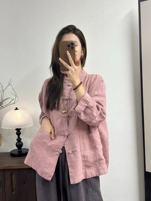 新中式女装高品质亚麻上衣女纯色文艺复古对襟衬衫女中式改良茶服|undefined