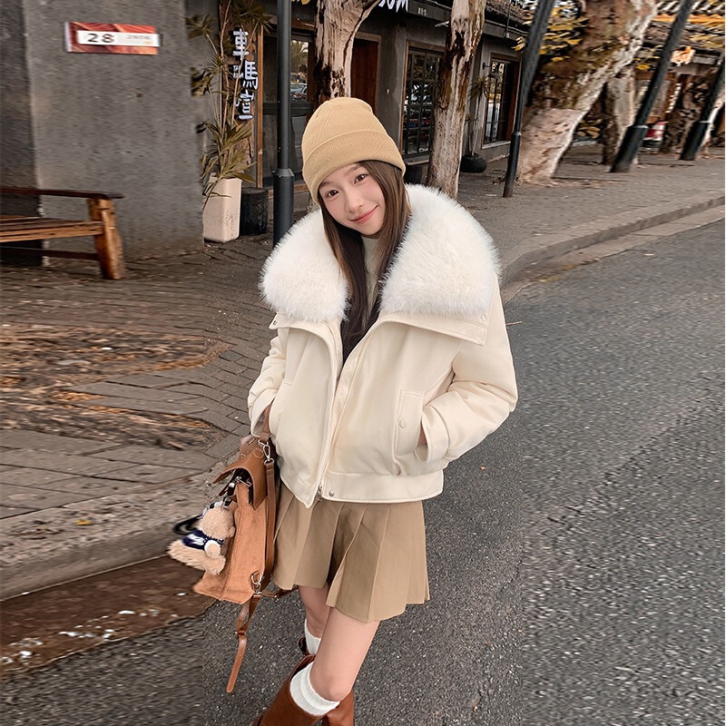 新款鹿皮绒大毛领棉外套女短款气质宽松小个子pu棉服冬季羽绒棉衣|undefined