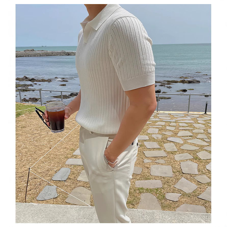 Polo de seda de hielo americano suéter delgado de manga corta con cuello apilado en forma de v para hombre camiseta de punto de manga ajustada fresca y transpirable