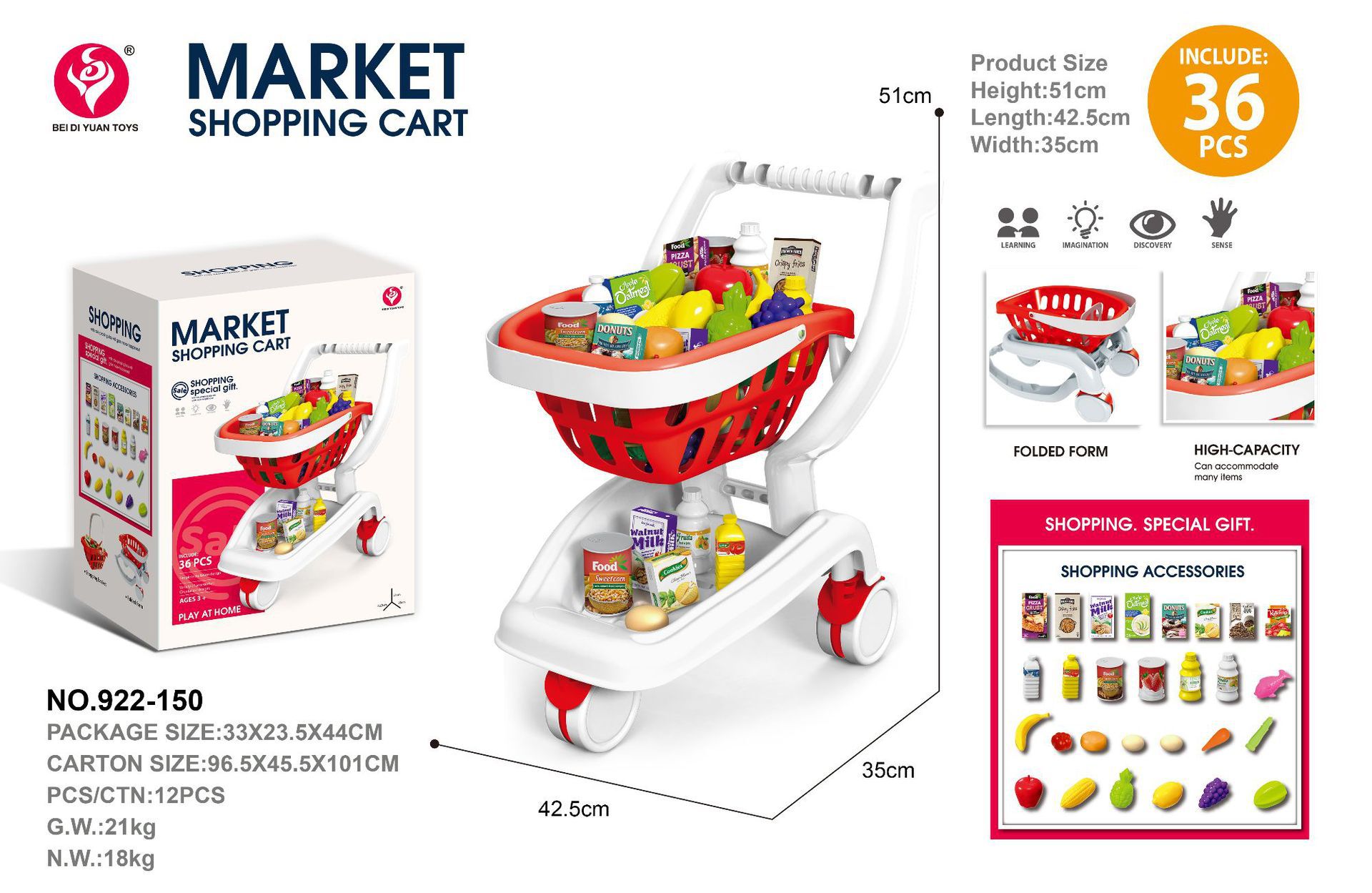 Simulación infantil transfronteriza iluminación de la casa, música, carrito de compras, juegos de supermercado de frutas, carrito de juguetes