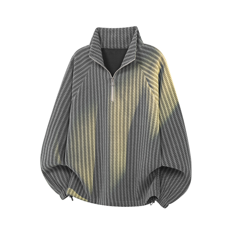 Gray American-style Straight-shoulder Half-zip Long-sleeve T-shirt For Men, Spring High-street Boxy Short Sweatshirt,_voghion.com