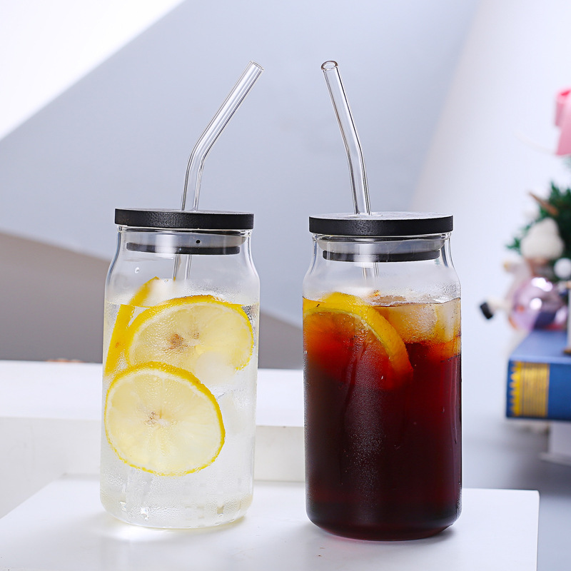 Vaso de vidrio con alto contenido de borosilicato Taza de paja Taza de bebida de jugo Taza de agua transparente de alta calidad Taza de lata de vidrio creativo
