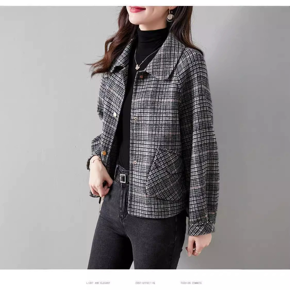 Короткая куртка из шерстяной смеси, в стиле Chanel, корейская посадка для подростков, клетка, M–4XL