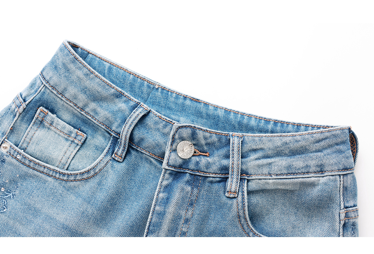 Quần jean nữ ống rộng chất liệu cotton phối lụa, thêu bướm đính kim cương — xanh lam chi tiết 29