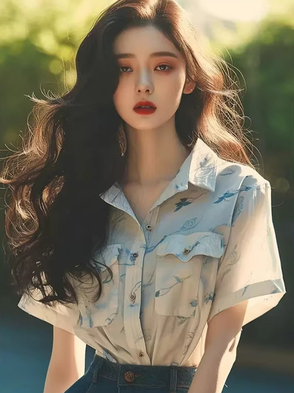 Áo sơ mi nữ ngắn tay họa tiết hoa xanh phong cách cổ điển Hồng Kông — trắng