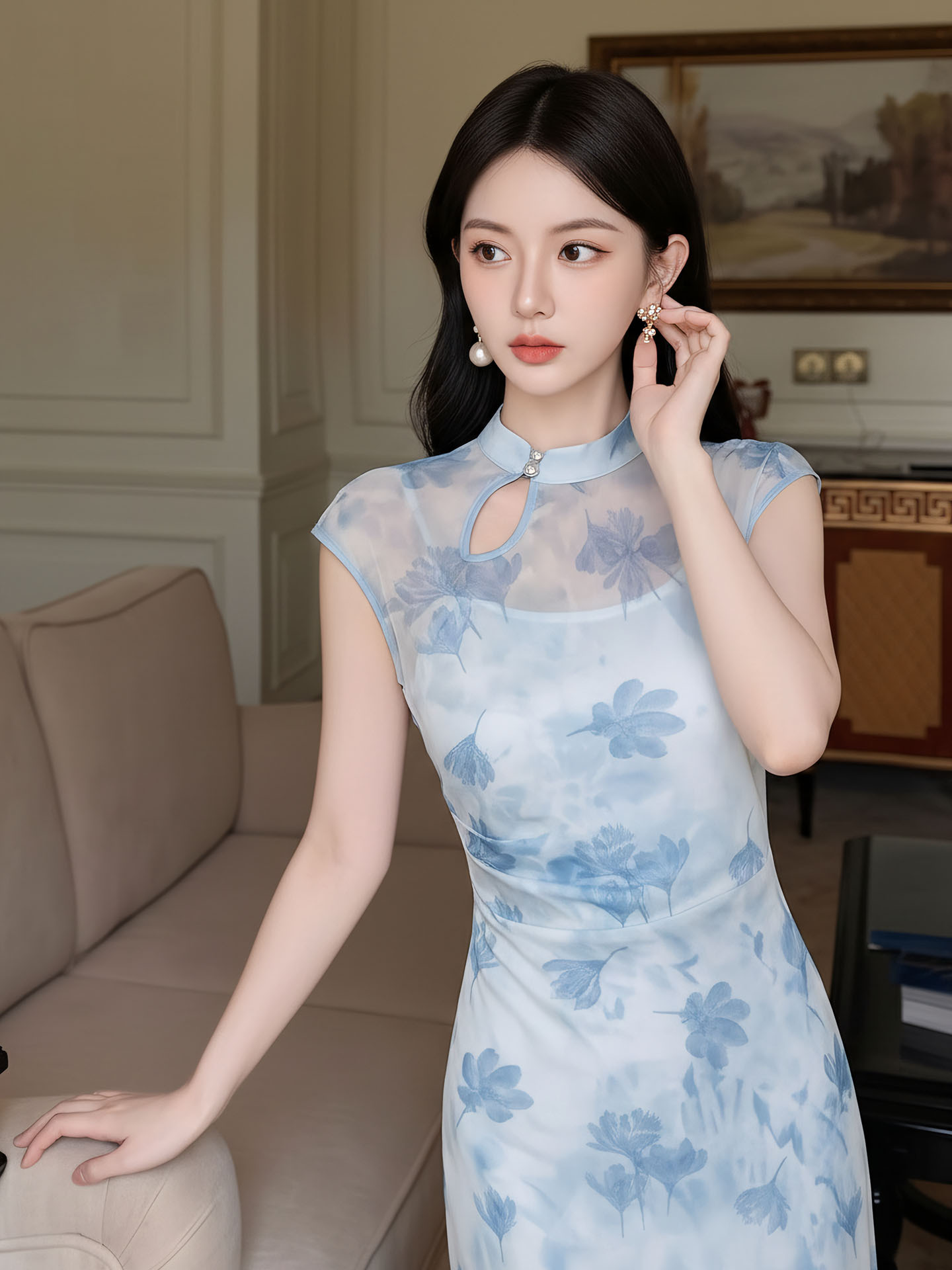 Đầm maxi nữ thắt eo phong cách tân cổ điển, chất liệu nhung tăm, thiết kế cổ yếm kết hợp ren, tay lỡ, dáng suông nhẹ, phù hợp mùa xuân hè — xanh lam