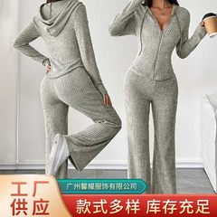 欧美跨境2025秋冬新款时尚休闲套装长袖连帽上衣阔腿长裤两件套