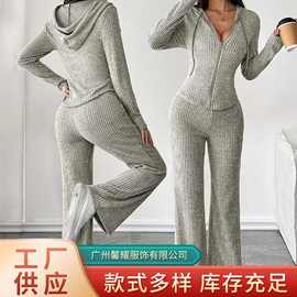欧美跨境2025秋冬新款时尚休闲套装长袖连帽上衣阔腿长裤两件套