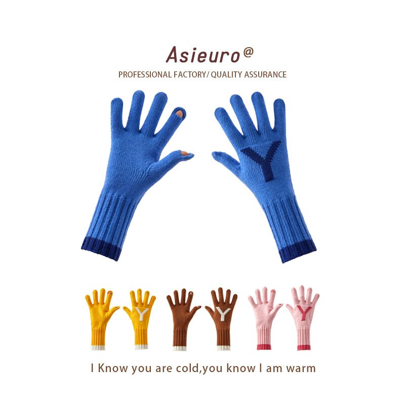 秋冬韓版字母分指手套男女款保暖防寒騎車漏指可觸屏情侶手套批發