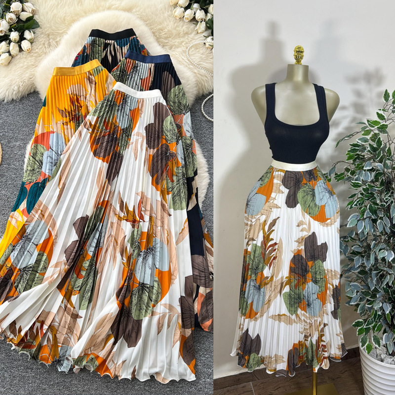Vintage Printed Pleated Elastic Waist Fashion Skirt for Women, High-Waisted A-Line Skirt, Commuting Long Skirt with a Large Hem and Drape, Summer