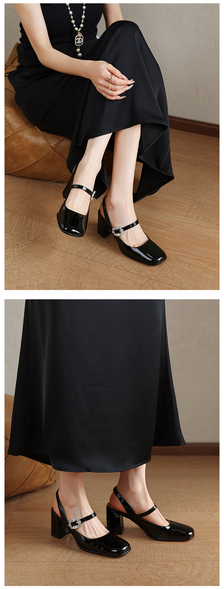 Giày sandal cao gót nữ quai ngang mũi tròn bít, gót 7 cm, phong cách Mary Jane — màu đen, Rượu vang đỏ, màu mơ, bạc chi tiết 13