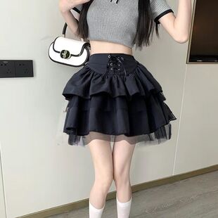 夏季純欲風短裙網紗拼接小個子蓬蓬裙朋克洋氣夏季襯衫短裙兩件套