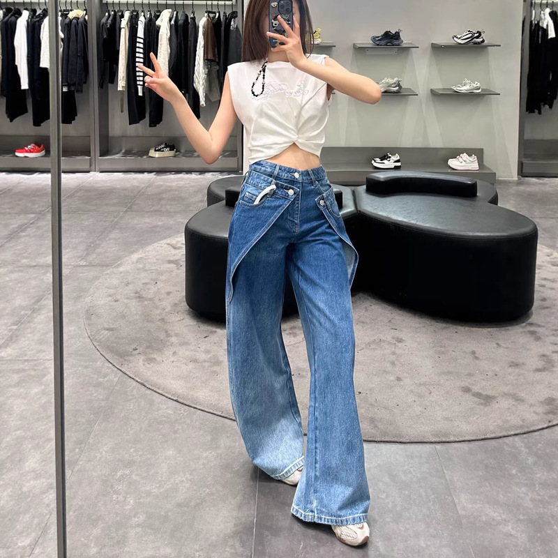 Nanyou Quality 2026 Early Spring New Style Deconstructed Design Irregular Cut Gradient Color Wide-Leg Jeans for Women